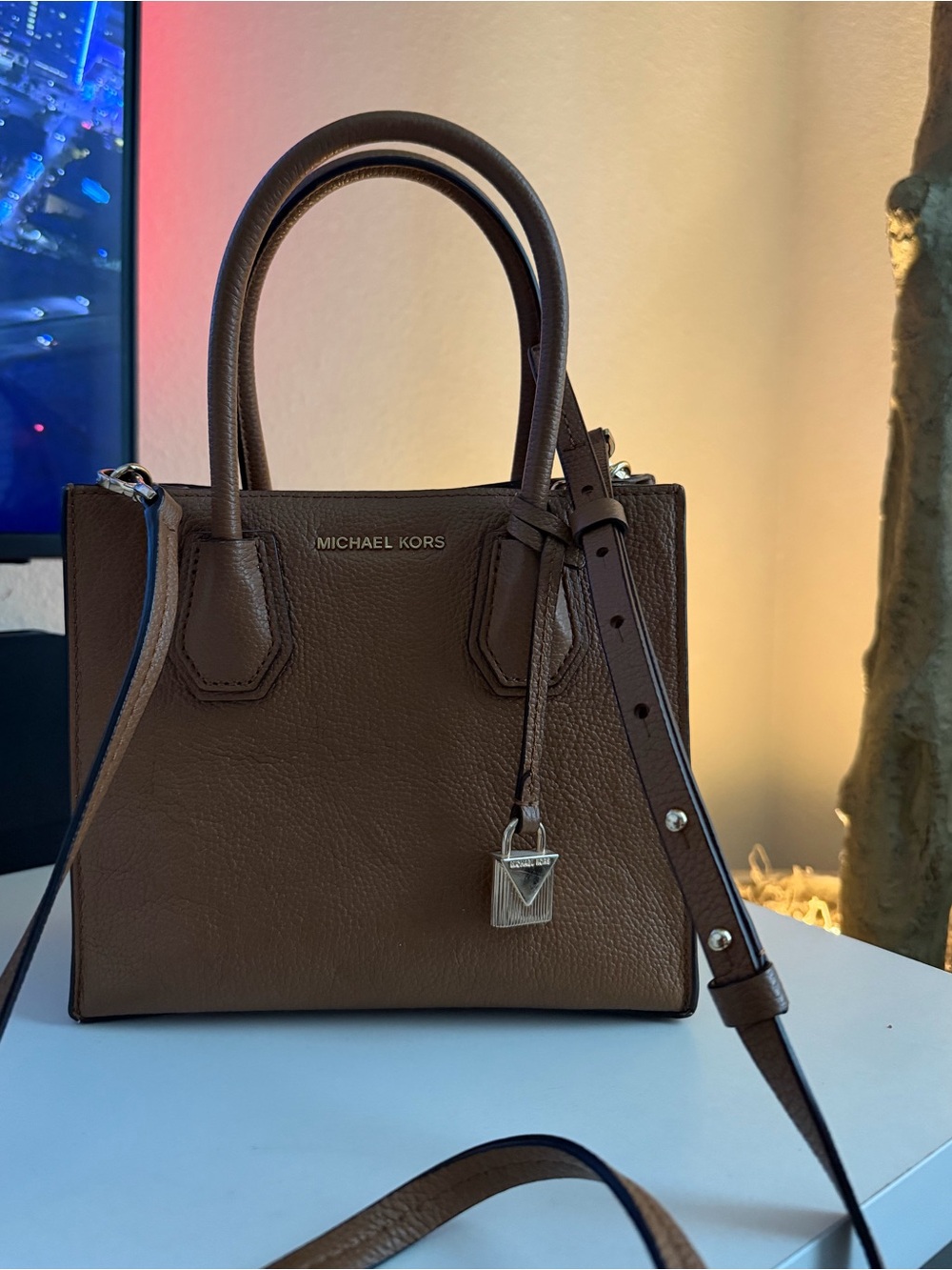 Michael Kors Brown Pebbled Leather Satchel with Crossbody Strap